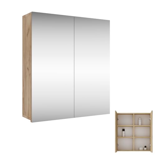 Planetmöbel Merkur Spiegelschrank Bad 60 cm breit | Badschrank hängend mit Spiegel | Gold Eiche, ohne Leuchte, Spiegelschrank Gäste WC 60x67 x 16 cm