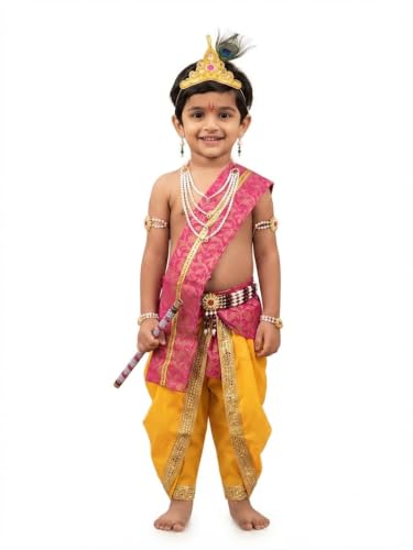 Image of Krishna Dress for Baby Boy Kids Janmashtami Costume | Dhoti & Patka Included, Mukut & Morpankh, Bansuri & Kamarband, Bajuband & Kundal, 8-Piece Set