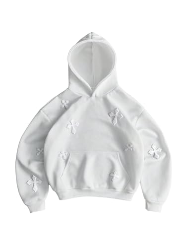 Verdusa Men's Y2k Cross Embroidery Hoodie Sweatshirts Trendy Fall Pullover Tops with Pockets White Large