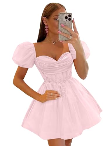 Tulle Homecoming Dresses for Teens 3D Floral Short Prom Dress Puff Sleeve DAMA Dress for Quinceanera Sweet 16 Dress Light Pink