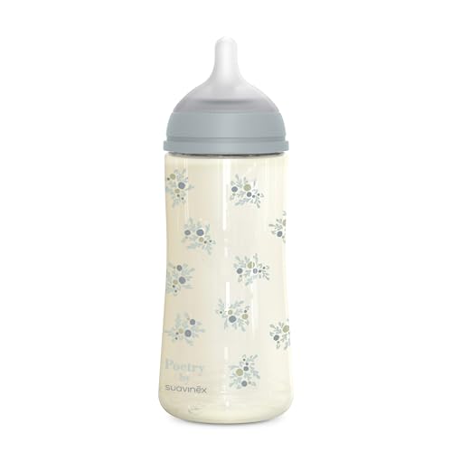 Suavinex, Biberón de 360 ml, con Tetina Fisiológica SX Pro de Silicona, con válvula Anticólico, de Flujo Denso (L), para Líquidos Densidad Densa, Apto Papillas Líquidas. Bebés +6 Meses. Poetry, Azul