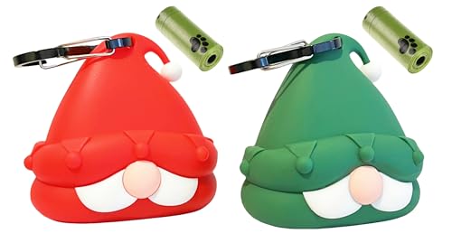LZSOMPK Cute Santa Claus Dog Poop Bag Holder for Leash Dog Poop Bag Dispenser with 1 Roll 15 Bags,Very Soft Silicone,3.5 x 3.1 x 2.2 Inch (Red + Green)