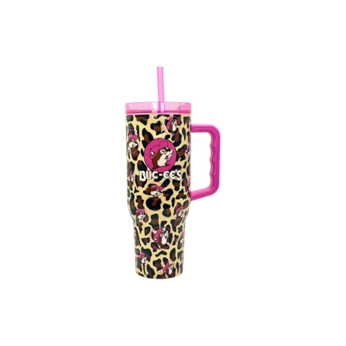 Buc-ee's Pink Leopard Print Insulated Tumbler with Handle and Straw,