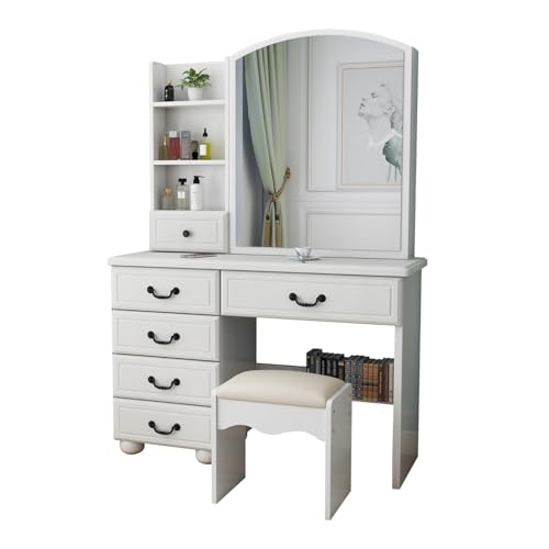 FRITHJILL White Vanity Desk with LED 3-Color Adjustable Mirror, 6 Drawers, and Soft Stool, Makeup Table Set for Bedroom