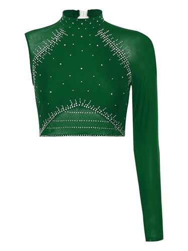 Jan Jean Lyrical Modern Dance Costume for Women One Shoulder Shiny Rhinestones Crop Top Figure Skating Dance Top Green Small