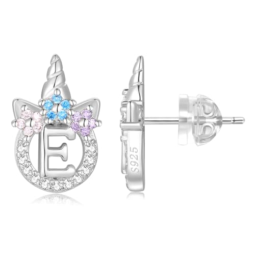 Sterling Silver Initial Earrings - Hypoallergenic 14K White Gold Plated Letter Unicorn Earrings for Girls & Women
