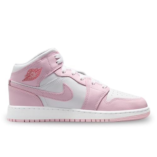 Air Jordan 1 Mid Big Kids' Shoes (DQ8423-608, Pink Foam/Fire Red/White)2
