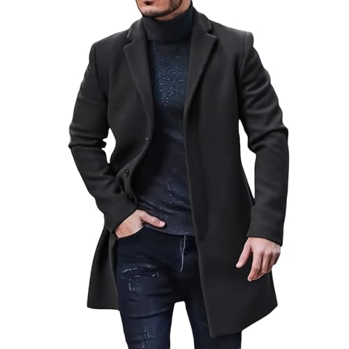 Felcia Mens Trench Coat Mid Length Classic Regular Fit Single Breasted Wool Blend Overcoats Casual Business Peacoat (A-Black, L)