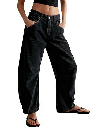 utcoco Womens Corduroy Mid Rise Barrel Jeans Casual Vintage Wide Leg Pants Y2k Baggy Boyfriend Trousers (XX-Large, Black)