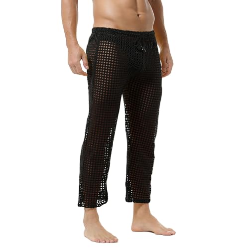 DTODWW Mens Mesh Pants Fishnet Long Pants See Through Pajamas Bottoms Drawstring Pajamas Bottoms Swimming Wear3