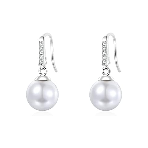 SILBERTALE 925 Sterling Silver Pearl Drop Earrings Dangle Hooks Earrings Cubic Zirconia Dangly Pearl Teardrop Earrings for Women Cover