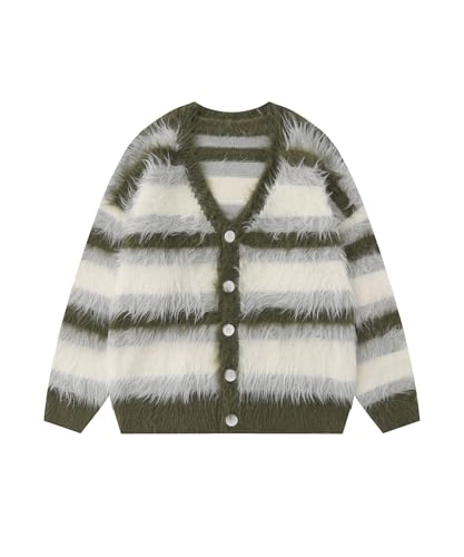 Men's Color Blocking Striped Fuzzy Cardigan Casual Vintage Oversized Button Down Knit Sweater