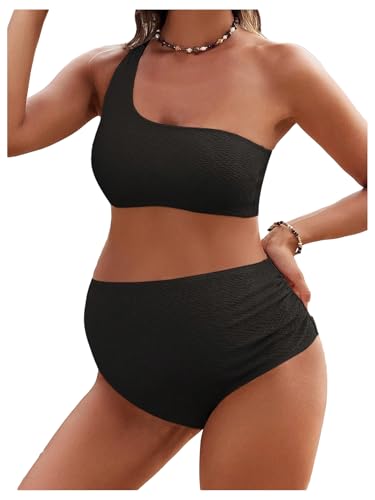 Shenhe Women'S Maternity 2 Piece Swimsuit One Shoulder High Waisted Bikini Pregnancy Bathing Suit Black Large thumb #3