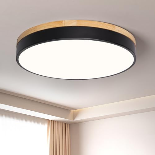 Image of Modern Wood Black Flush Mount Ceiling Light 15.75 Inch