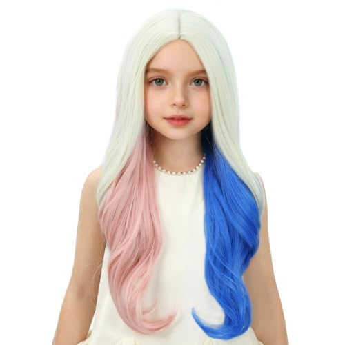 Image of Pink and Blue Wig for Kids Girls Long Blonde Mixed Pink Blue Wavy Curly Wig Children Middle Part Wigs Heat Resistant Synthetic Wigs with Cap