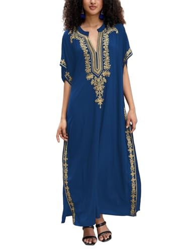 Image of KECVOT Kaftan Dresses for Women Embroidered Short Sleeve V-Neck Plus Size Caftan Bikini Swimsuit Cover-Up Long Beach Dress