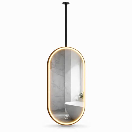 Bathroom Mirror Oval Bathroom Vanity Mirror with Hanging Rod Bathroom Mirror for Over Sink Ceiling Mounted Mirror, Metal Pole Ceiling Suspended Mirror for Entryway Cloakroom