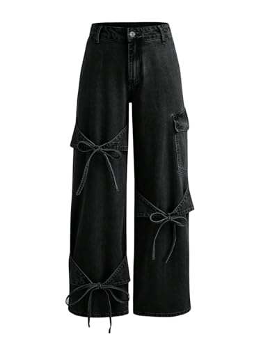 Bow Tie Baggy Jeans for Women Y2K Wide Straight Leg Denim Pants Mid Rise Casual Boyfriend Jeans with Bows4