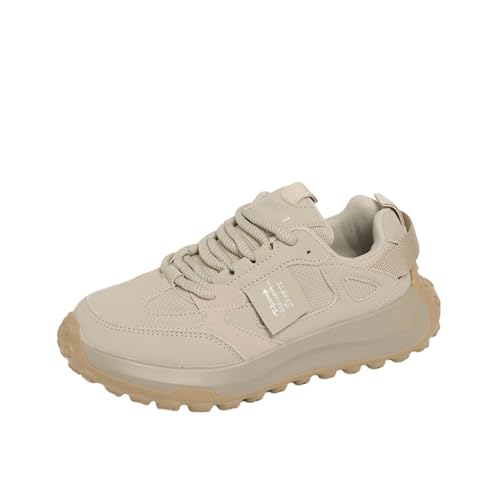 Women's Vintage-Inspired Chunky Sneakers - Breathable Mesh & Synthetic Mix Lace-Up Platform Shoes, Non-Slip Traction Outsole Casual Shoes for Daily Commute & Fashion Looks (Khaki,8)