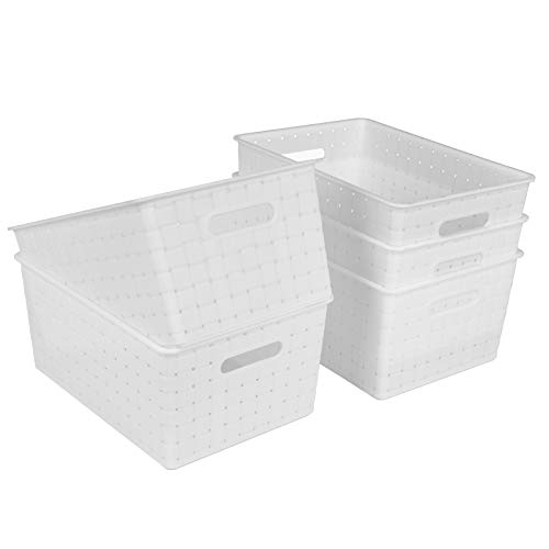 Bekith 5 Pack Woven Plastic Storage Basket, Small Storage Bins for Closet Organization, De-Clutter, Accessories, Toys, Cleaning Products and More, White