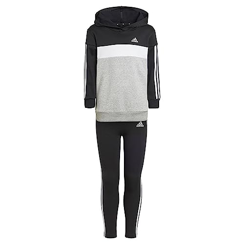 adidas Niñas Tiberio 3-Stripes Colorblock Fleece Leggings Set Kids, black/white/medium grey heather, 7-8 Years