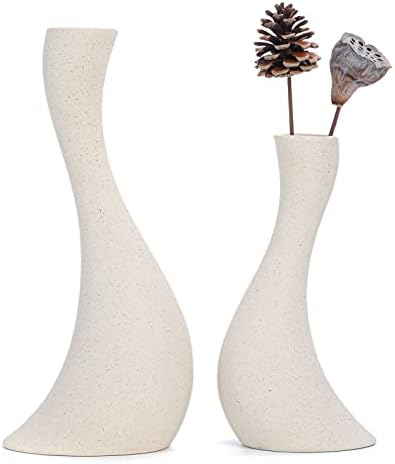Ceramic Vase 10.2+7.6 Inch Set of 2, Handmade Modern Decorative Vase Beige Unique Rustic Flower Vase Table Mantel Living Room Décor
