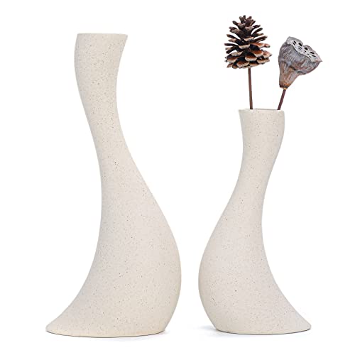 Ceramic Vase 10.2+7.6 Inch Set Of 2, Handmade Modern Decorative Vase Beige Unique Rustic Flower Vase Table Mantel Living Room Décor #TOP10