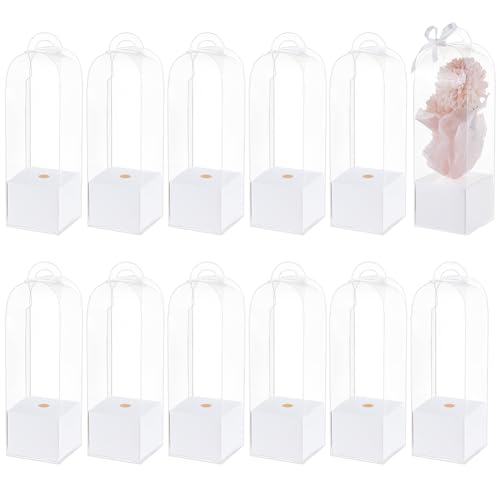 BENECREAT 12Pcs Single Rose Flower Box Empty Bag Clear Flower Packing Boxes Flower Gift Boxes for Graduation Wedding Birthday Floral Gift Floral Arrangement Supply White
