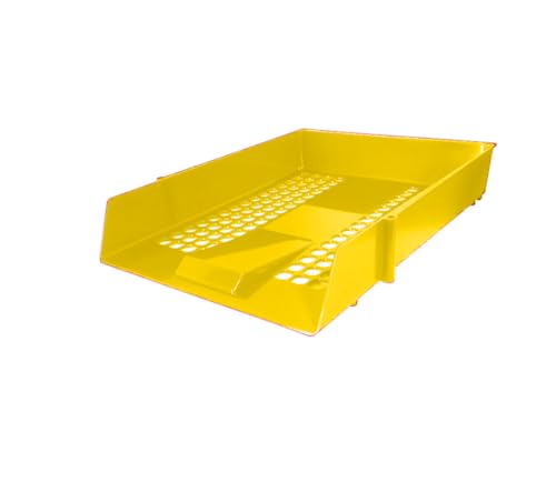 Nobel Plastics Filing Storage Letter Trays with Metal Risers - Desk Tidy Document Paper Filing In & Out - Ideal for School, Home And Offices (Yellow, 3 Trays + 8 Risers)