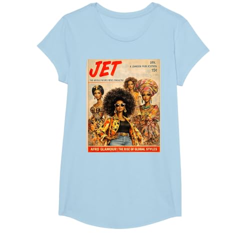 Afro Glamour – Vintage Black Women Cover Art T-Shirt, Girls, Baby Blue, Large