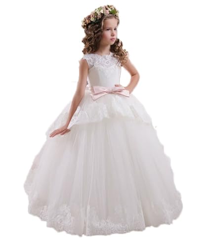 Generisch Primera Comunión Vestidos de Flor Niña Vestido de Encaje de Tul Prom Alta Comunión Vestido de Bola Vestido de Niña Vestido de Fiesta Vestido Largo, beige, 8 años