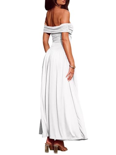 Women's Off The Shoulder Maxi Dress Bodycon Ruched Flowy Long Dresses Pleated Summer Dress3