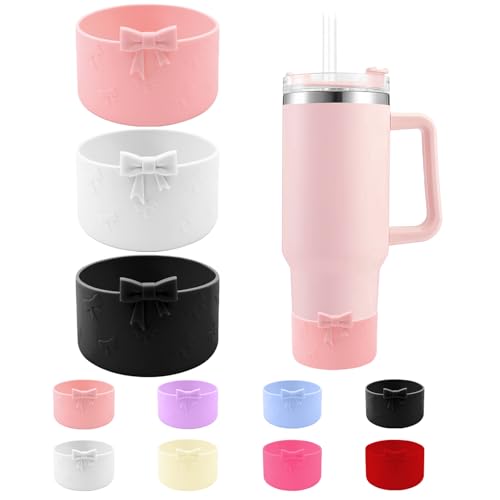 Hpebl 3 PCS Bows Silicone Water Bottle Boot for Stanley Cup Accessories Protective Sleeve for Water Bottle, Cover Boots for Stanley 40 30 oz with Handle, Pink White Black