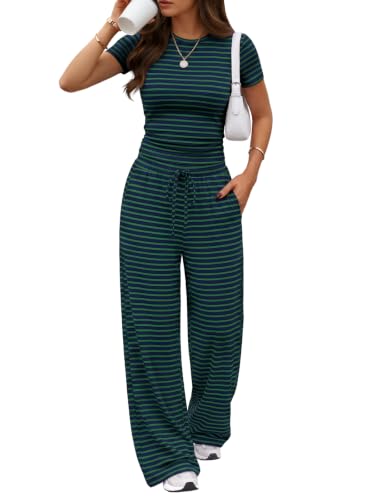 Image of Trendy Queen 2 Piece Matching Summer Lounge Set Womens Side Ruching Top Wide Leg Pants Sets with Pockets