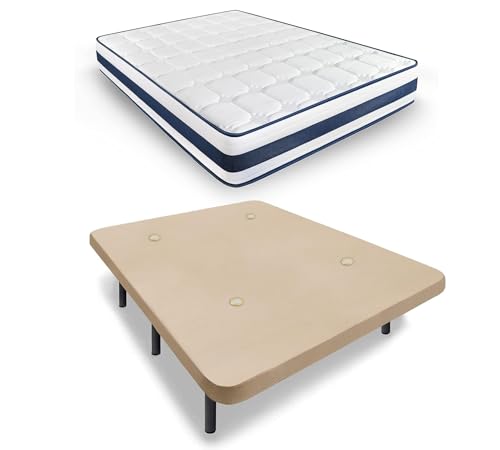 HOGAR24 ES | Cama Completa | Base Tapizada + Colchón MultiCare Class | Válvulas de Transpiración | Color Beige | Juego de Patas 26 cm | Colchón con Adaptabilidad Progresiva | 135x200 cm