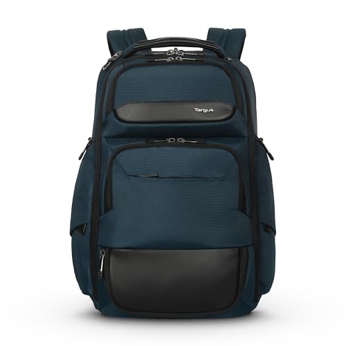 Image of Targus HeritageLuxe Backpack 15-16 inch - Blue Laptop Bag with SafeSling Protection, RFID Pocket, USB-C Charging, Tracker Slot, Eco Fabric, Leather Accents - TBB65602GL