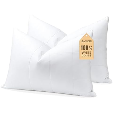SAVORI Pack of 2 Goose Down Feather Pillows with 100% Cotton Cover, Soft Hotel Bed Pillow for Sleeping, Cooling Pillow for Back, Stomach or Side Sleepers, Queen Size-White 20x30 Inch Cover