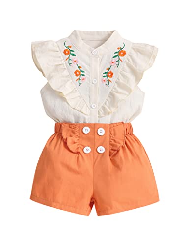 oklady Toddler Girl Clothes Ruffle Floral Embroidery Shirt and Shorts Set 6-7T