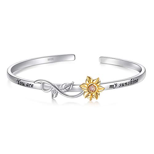 S925 Sterling Silver Sunflower with CZ Engraved You Are My Sunshine Bangle for Women 18