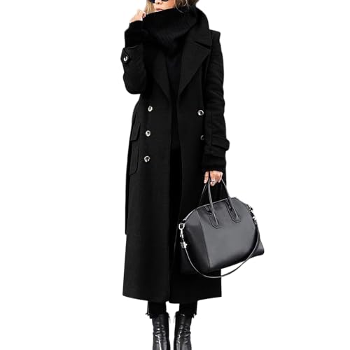 Générique Manteau Laine Femme Hiver Chic Long Revers Large Boutons Double Rang Poches Latérales Tissu Texturé Pour Automne Hiver Travail Sorties Quotidien Noir, M