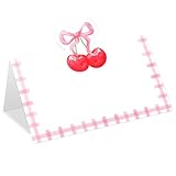 Whaline 100 tarjetas de lugar de cereza con lazo de 3.5 x 2 pulgadas, coqueta a cuadros rosas, tarjetas de tienda de campaña en blanco, bonita tarjeta de nombre para mesa de despedida de soltera