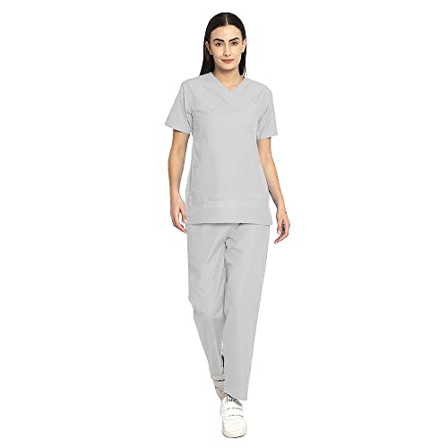 Image of IS IndoSurgicals Faux Wrap Scrub Suits for Doctors Women OT Dress (M, Grey)