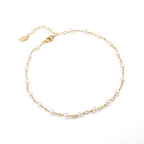 S.j Jewelry Handmade Ankle Bracelets For Women, 14K Gold Filled/Silver/Rose Gold Dainty Pearl Lucky Star Beads Lace Chain Adjustable Foot Chain For Womens-Ank-Pearl-Chain #TOP7