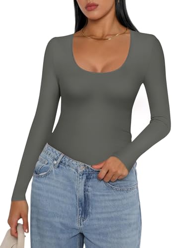 Ekouaer Camiseta Interior Mujer Manga Larga Casual Algodón Térmica Otoño Gris Oscuro M