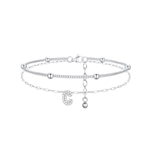 FindChic Initial Anklet for Women, Silver/Gold Plated Layered Beaded Ankle Bracelet with Cubic Zirconia Initial Charm, Adjustable Waterproof Non-Tarni