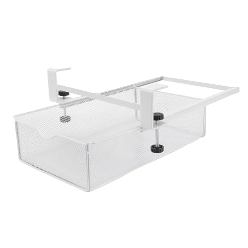 Cajón bajo escritorio metálico sin taladro para almacenaje bajo mesa, estante bandeja cesta para hogar y oficina, blanco, pequeño sin rejilla para escritorios miniatura 7