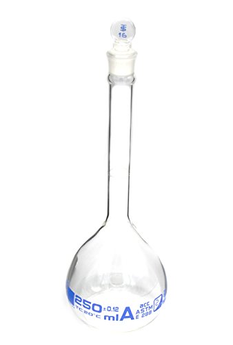 Volumetric Flask, 250ml - Class A, ASTM - Tolerance ±0.120 ml - Glass Stopper - Single, Blue Graduation - Eisco Labs