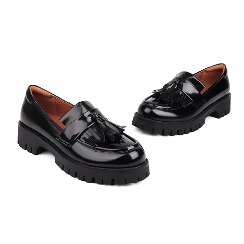 Image of Black Loafers Women Platform Chunky Business Casual Shoes | Memory Foam Insoles,Lug Sole,Slip on,Comfort Loafers for Work,Office,Commute,Versatile Daily Wear