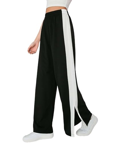 Image of Women's Wide Leg Track Pants with Side Stripe, Black and White, Elastic Waist
