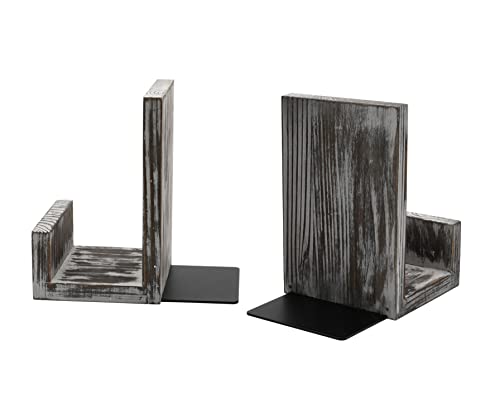 Owlgift Rustic Torched Wood L-Shaped Solid Wood Bookends, Decorative Bookends W/Black-Tone Metal Supports, Non-Skid And Sturdy To Hold Heavy Books, 1-Pair #TOP7